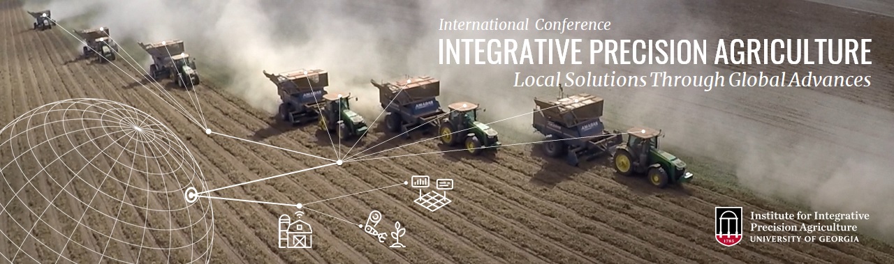 Integrative Precision Agriculture Conference graphic. Peanut combines in a field and data connections.