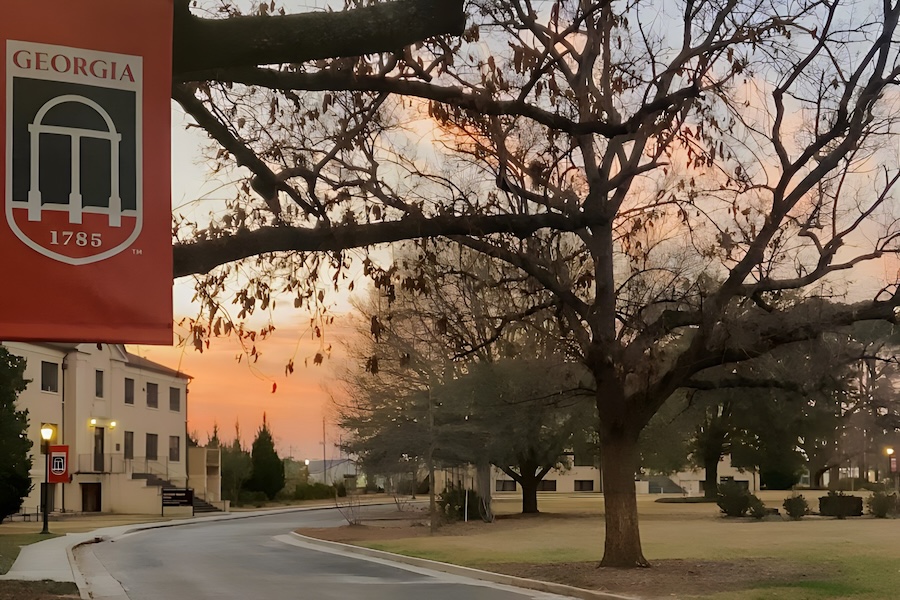 Sunset at UGA Tifton Campus front circle.