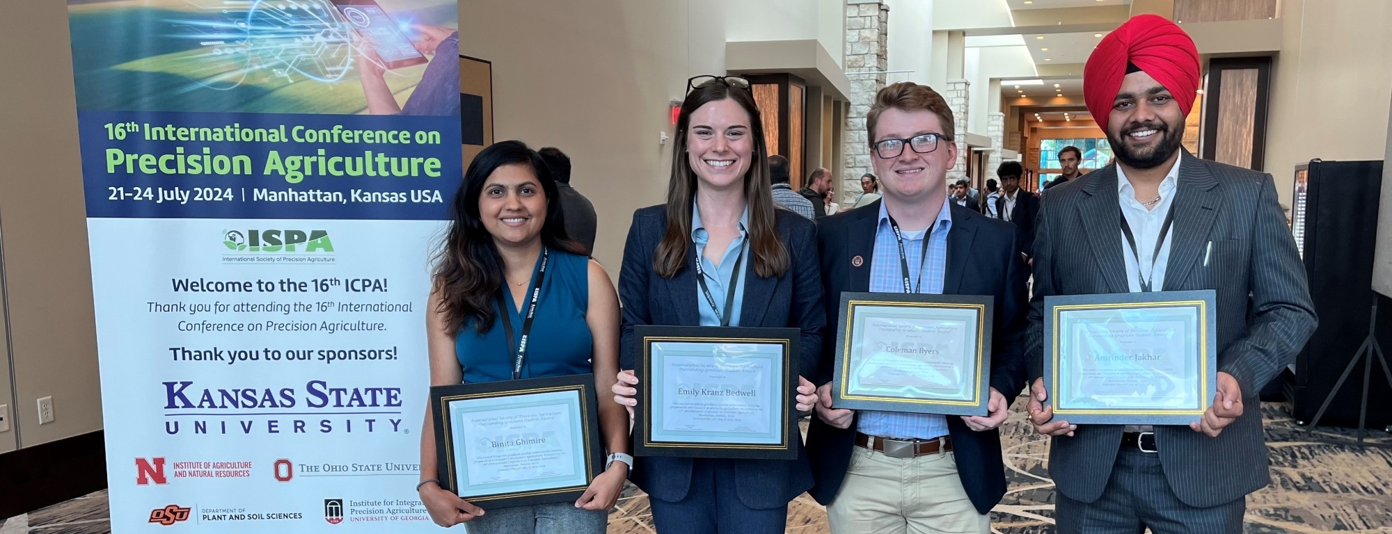 Graduate-Student-Awards-ISPA-2024 Graduate Student Award winners at ISPA 2024. L-R: Binita Ghimire, Emily Bedwell, Cole Byers, and Amrinder Jakhar.