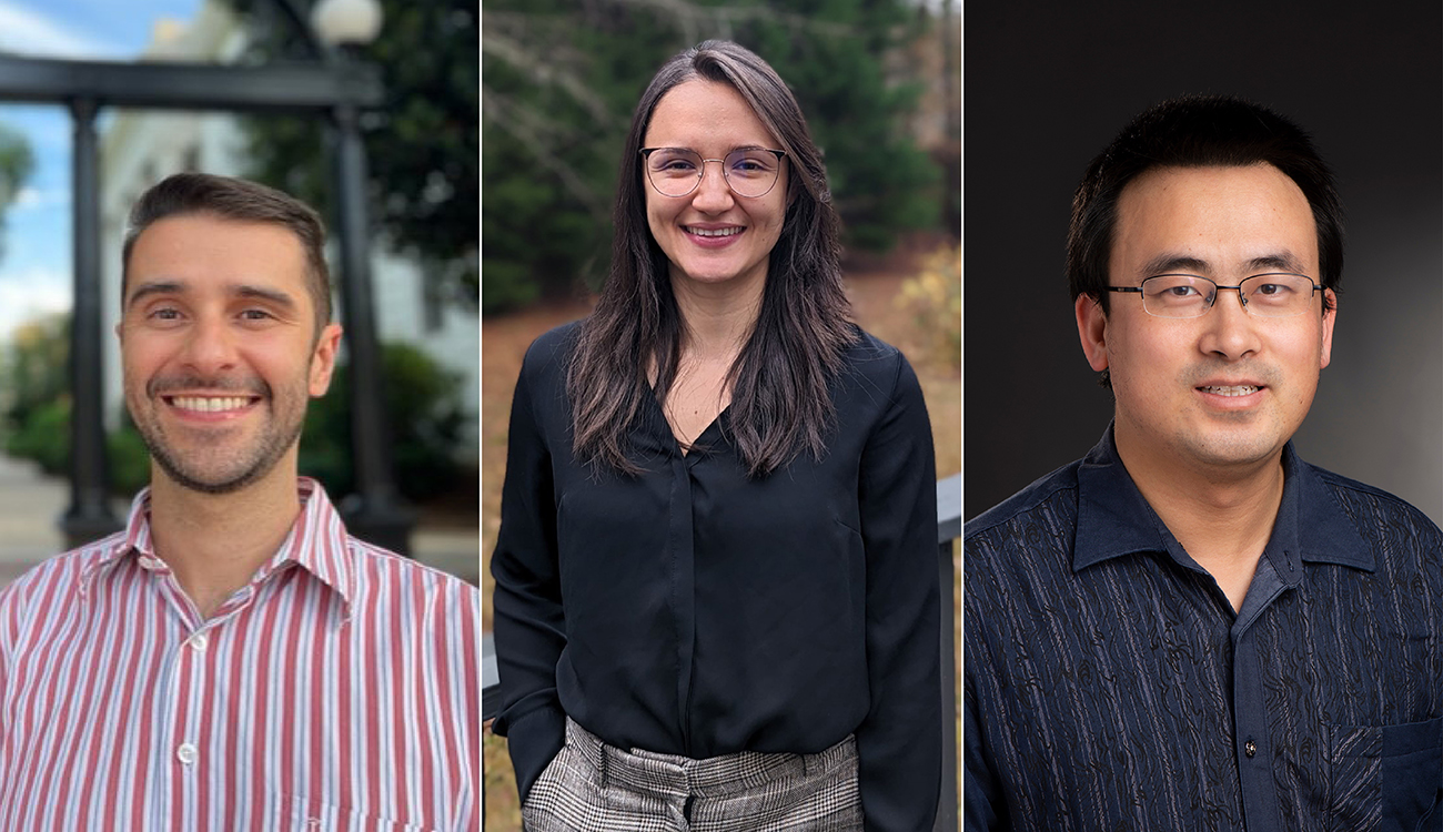 From left, new UGA faculty members Leonardo Bastos, Lorena Lacerda and Guoyu Lu have joined the Institute for Integrative Precision Agriculture.