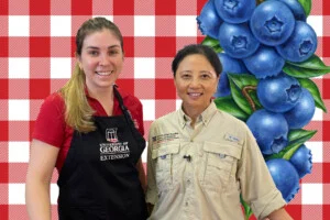Two women stand in front of a red-and-white checkered background with an illustrated cluster of blueberries to the right. One woman wears a Georgia Extension apron, celebrating Red White and Blueberry Jam.