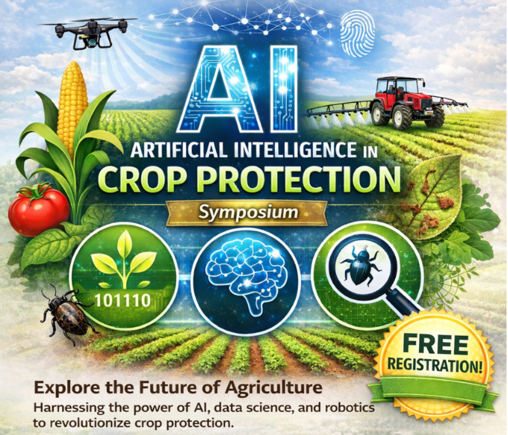 Promotional poster for the AI in Crop Protection Symposium, featuring agriculture imagery, AI icons, and a Free Registration badge to highlight the latest advancements in AI in Agriculture.